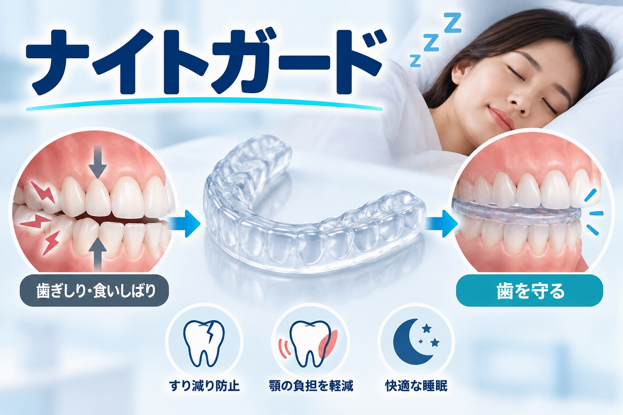 ナイトガードを装着して、睡眠中の歯ぎしりや食いしばりによる歯への負担を軽減するイメージ