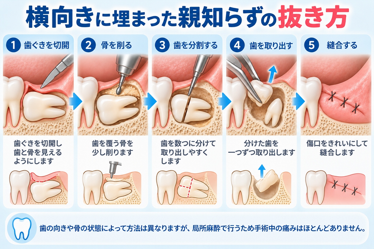水平埋伏智歯の抜歯方法について、歯ぐきの切開、骨の削除、親知らずの分割、取り出し、縫合までの手順を示した図