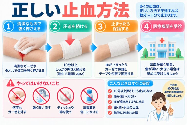 正しい止血方法として、清潔なガーゼやタオルで傷口を直接強く圧迫し、圧迫を続け、出血が止まったら傷を保護する流れと、出血が止まらない場合などの受診目安を示した図