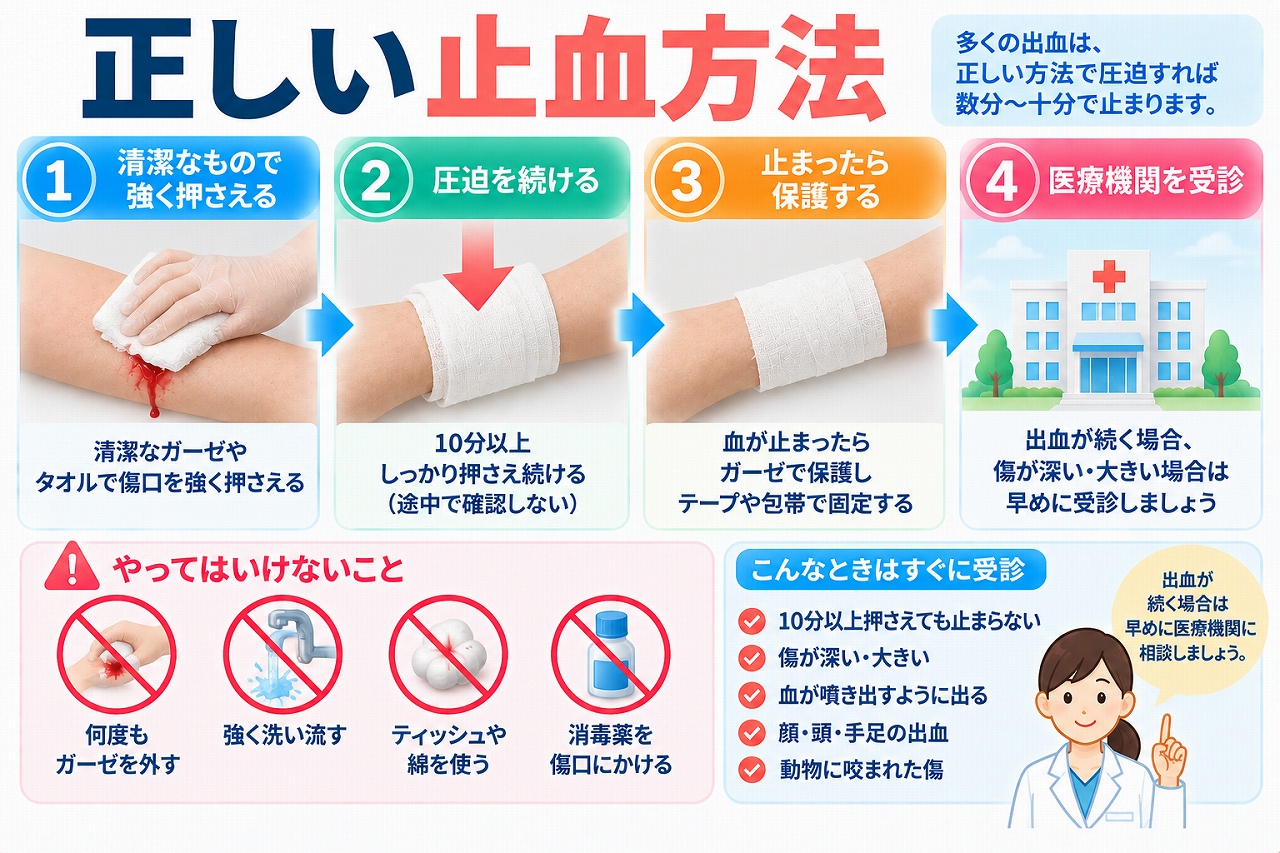 正しい止血方法として、清潔なガーゼやタオルで傷口を直接強く圧迫し、圧迫を続け、出血が止まったら傷を保護する流れと、出血が止まらない場合などの受診目安を示した図
