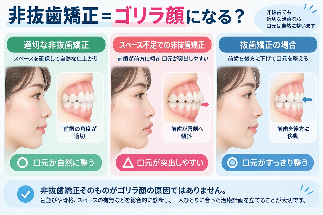非抜歯矯正で口元が突出する場合と適切にスペースを確保した場合、抜歯矯正による口元の変化を比較した歯科イラスト
