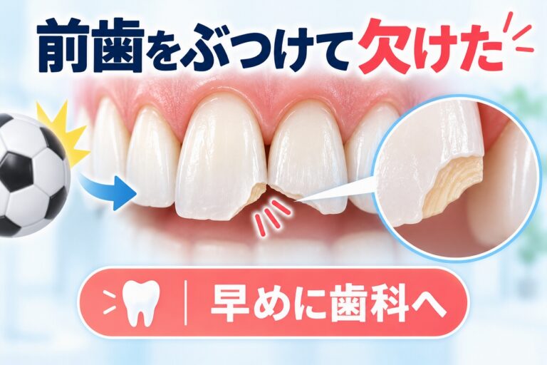 前歯をぶつけて歯の先端が欠け、エナメル質と象牙質が露出した状態を示したイラスト