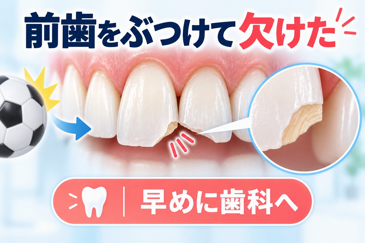 前歯をぶつけて歯の先端が欠け、エナメル質と象牙質が露出した状態を示したイラスト