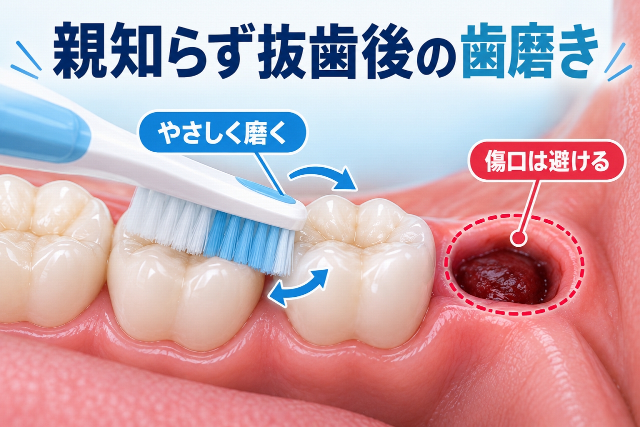 親知らず抜歯後に傷口を避けながら周囲の歯をやさしく歯磨きする方法を示したイラスト