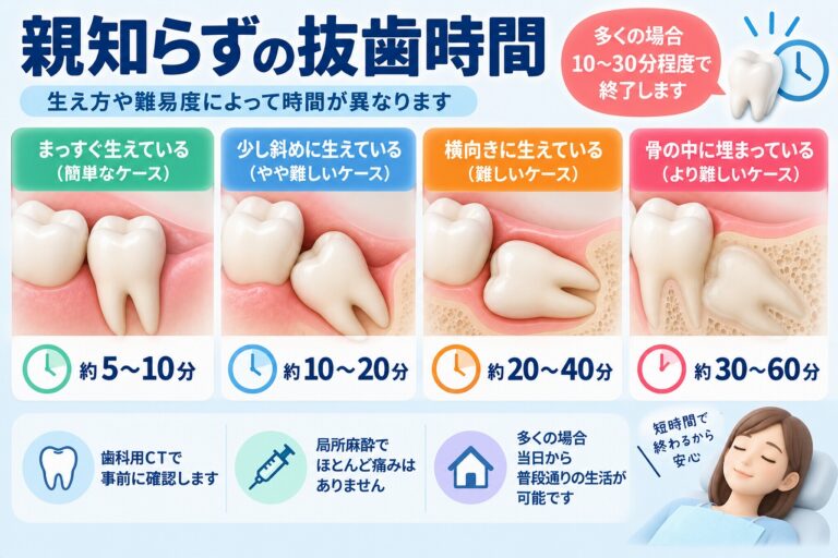親知らずの抜歯時間はどのくらい？｜生え方・難易度別の目安