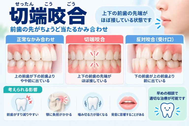 切端咬合について、上下の前歯の先端同士がほぼ接する状態を正常なかみ合わせや反対咬合と比較して示した歯科イラスト