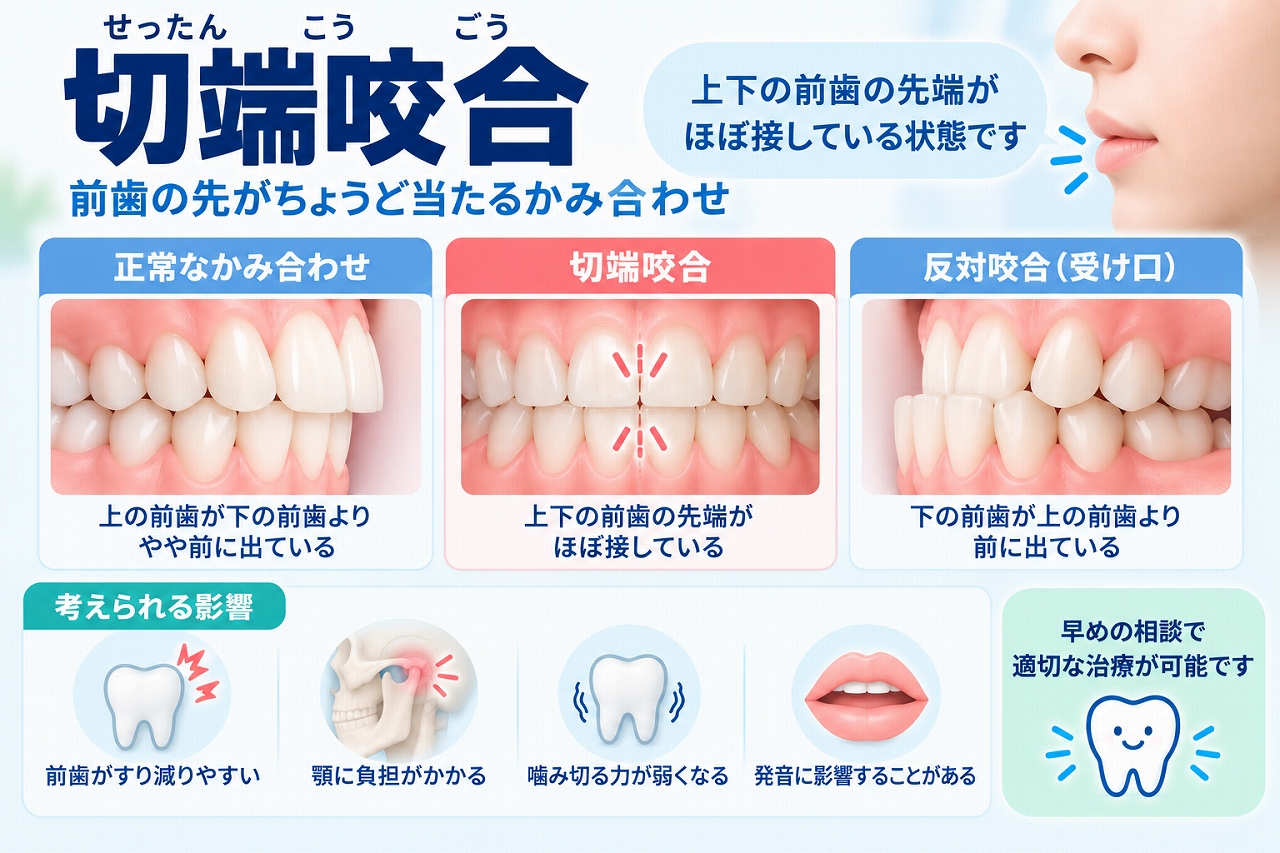 切端咬合について、上下の前歯の先端同士がほぼ接する状態を正常なかみ合わせや反対咬合と比較して示した歯科イラスト