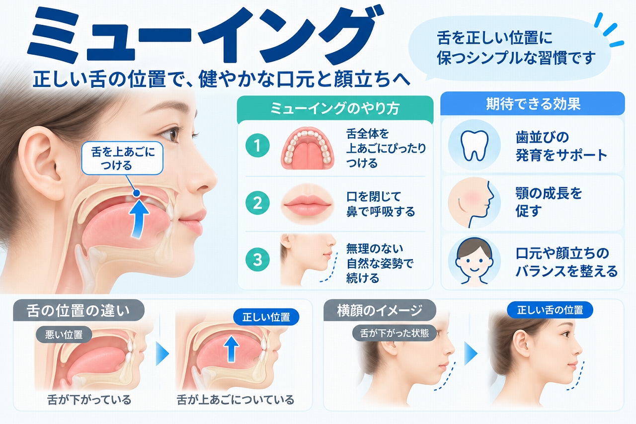 ミューイングについて、舌全体を上顎につける正しい舌の位置と、舌が下がった状態との違いを示した歯科イラスト
