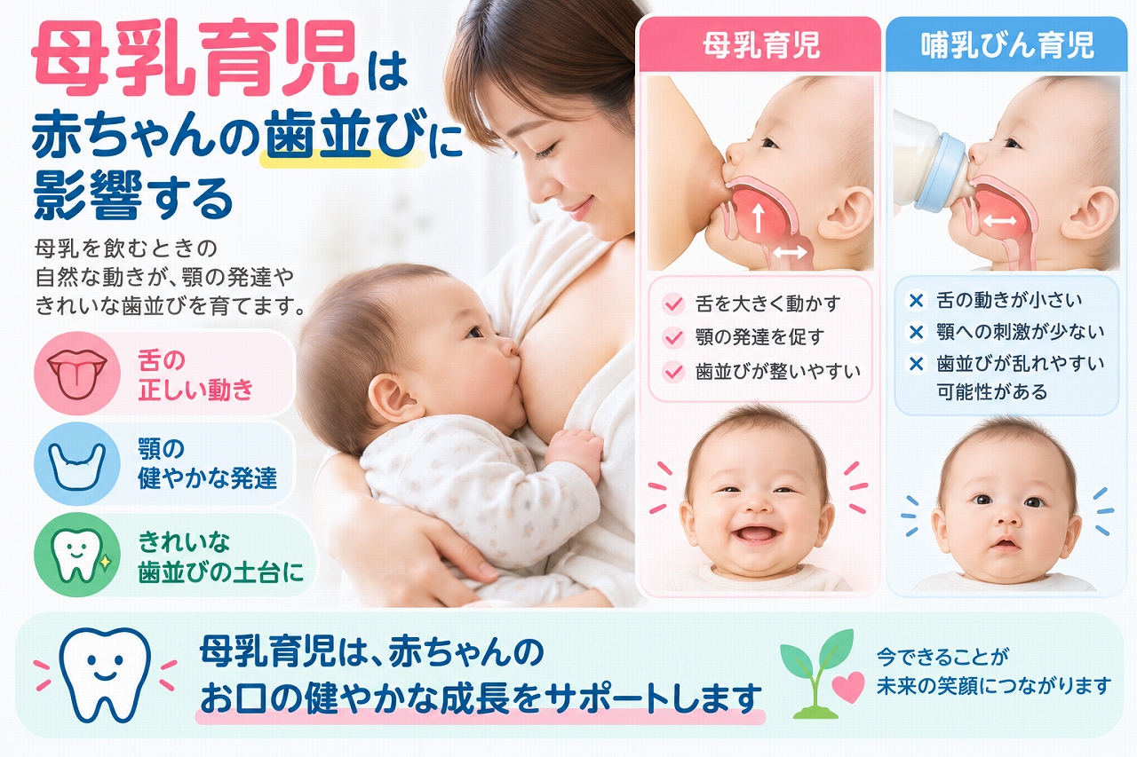 母乳育児で赤ちゃんが舌や顎を動かして授乳する様子と、お口の機能や顎の発達、将来の歯並びとの関係を示したイラスト