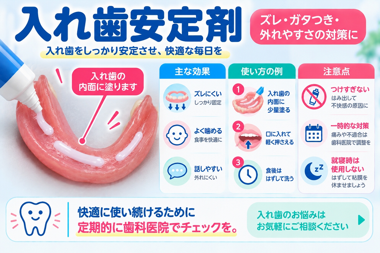 入れ歯安定剤を入れ歯の内面に少量塗る正しい使い方と、ズレやガタつきを抑える効果、使用時の注意点を示した歯科イラスト