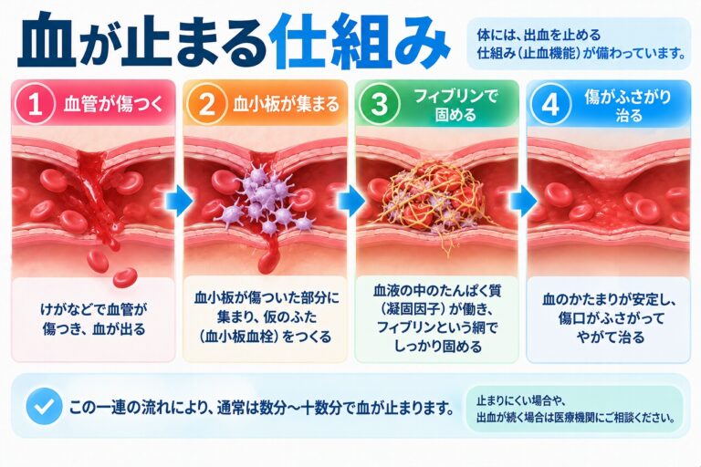 血が止まる仕組みを、血管が傷ついて出血し、血小板が集まって仮のふたを作り、凝固因子の働きでフィブリンが形成されて血のかたまりを安定させるまでの流れで示した図