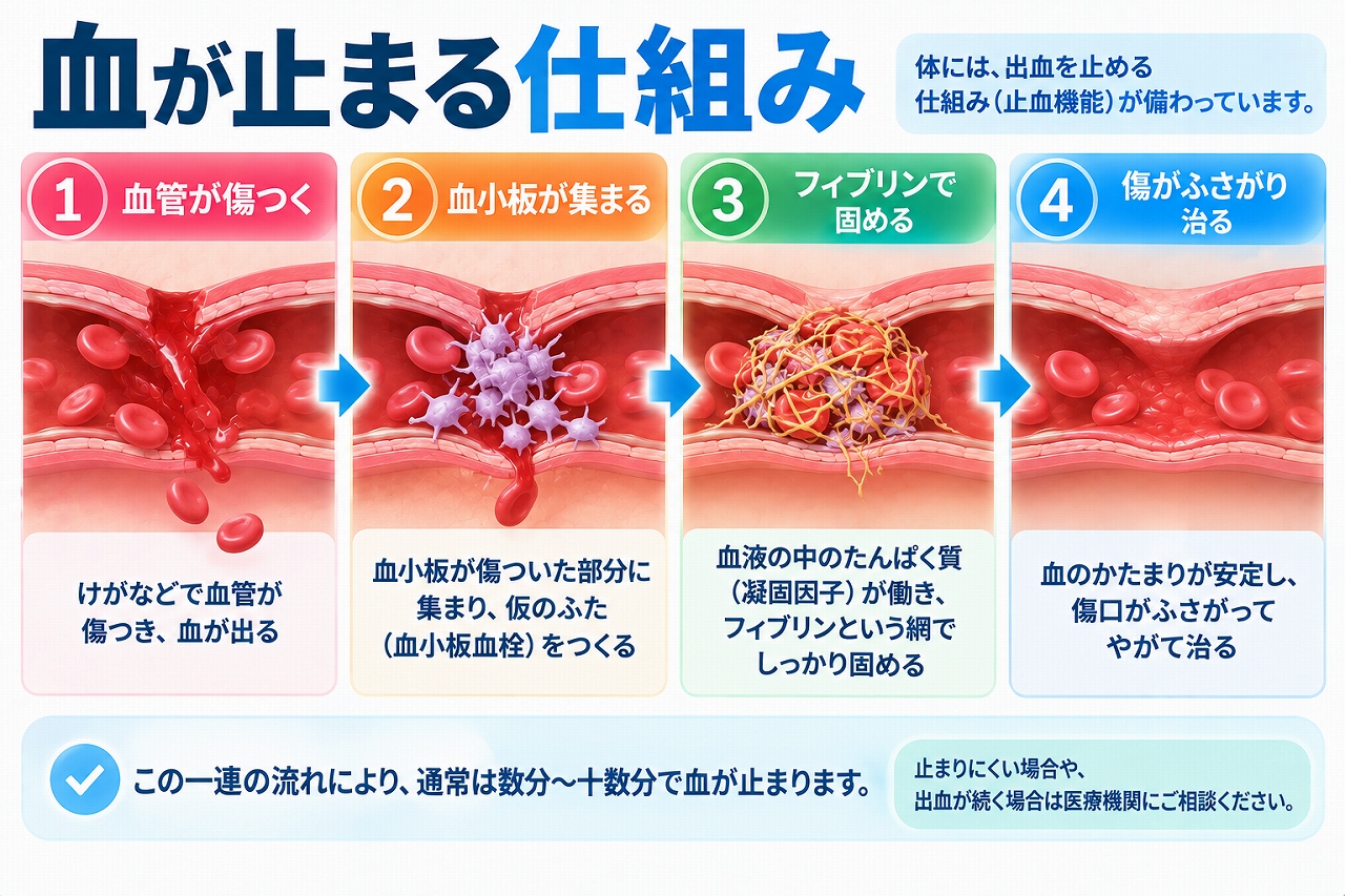 血が止まる仕組みを、血管が傷ついて出血し、血小板が集まって仮のふたを作り、凝固因子の働きでフィブリンが形成されて血のかたまりを安定させるまでの流れで示した図