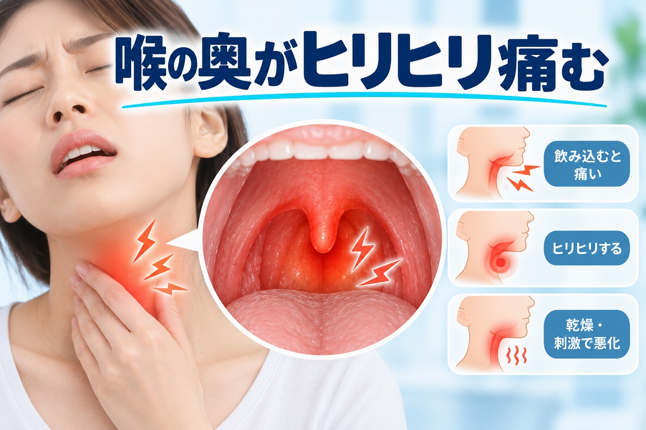 喉の奥がヒリヒリ痛み、飲み込むと痛い状態や乾燥・刺激による症状を示したイラスト
