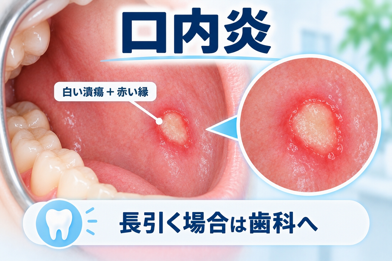 頬の内側にできた白い潰瘍と赤い縁を特徴とする口内炎（アフタ性口内炎）のイラスト