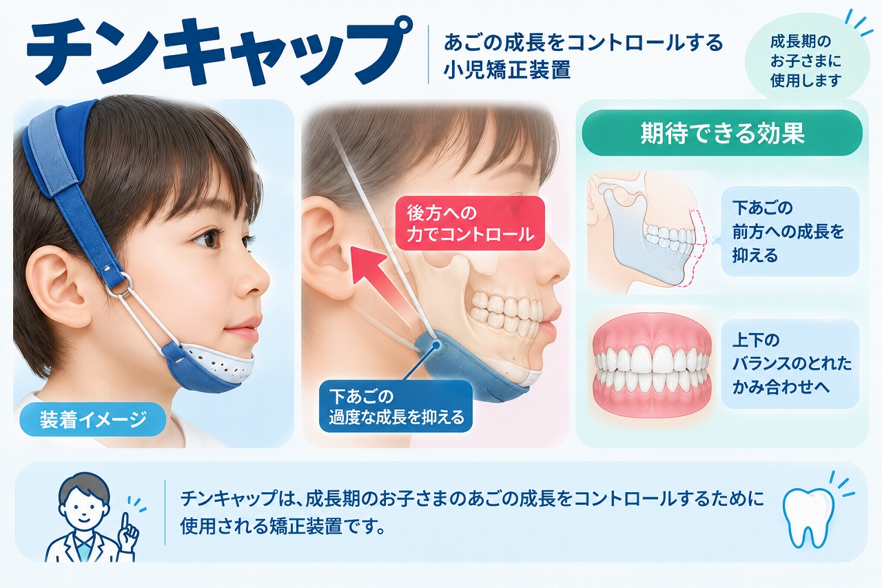 チンキャップの装着方法と、成長期の下顎に後方への力を加えて下顎の成長をコントロールする仕組みを示した小児矯正のイラスト