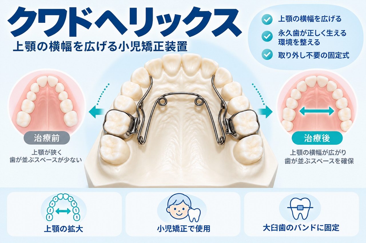 クワドヘリックスを上顎の大臼歯に固定し、上顎歯列をゆっくり広げて歯が並ぶスペースを確保する仕組みを示した小児矯正のイラスト