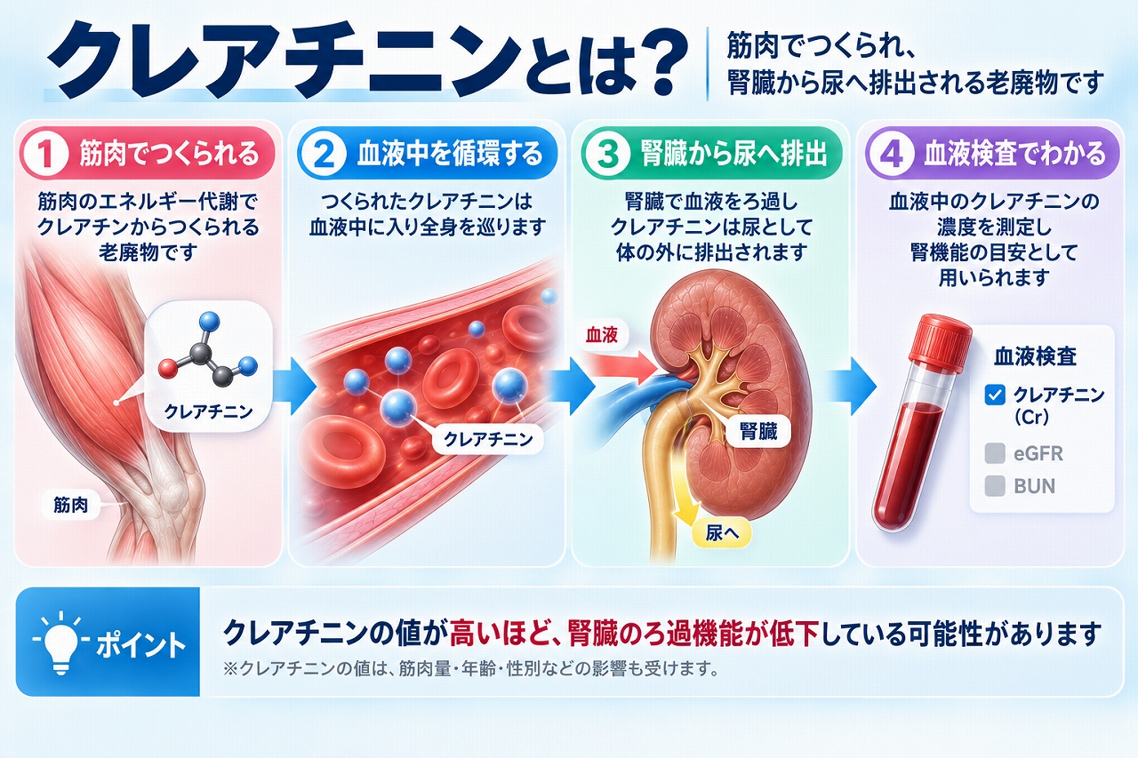 クレアチニンが筋肉の代謝で生じ、血液中を循環して腎臓でろ過され尿へ排出される流れと、血液検査で腎機能の目安として用いられることを示した図
