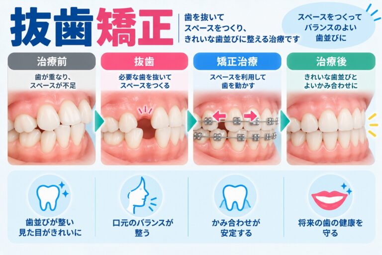 抜歯矯正について、歯を抜いてスペースを確保し、ワイヤー矯正で歯を移動させて歯並びとかみ合わせを整える流れを示した歯科イラスト