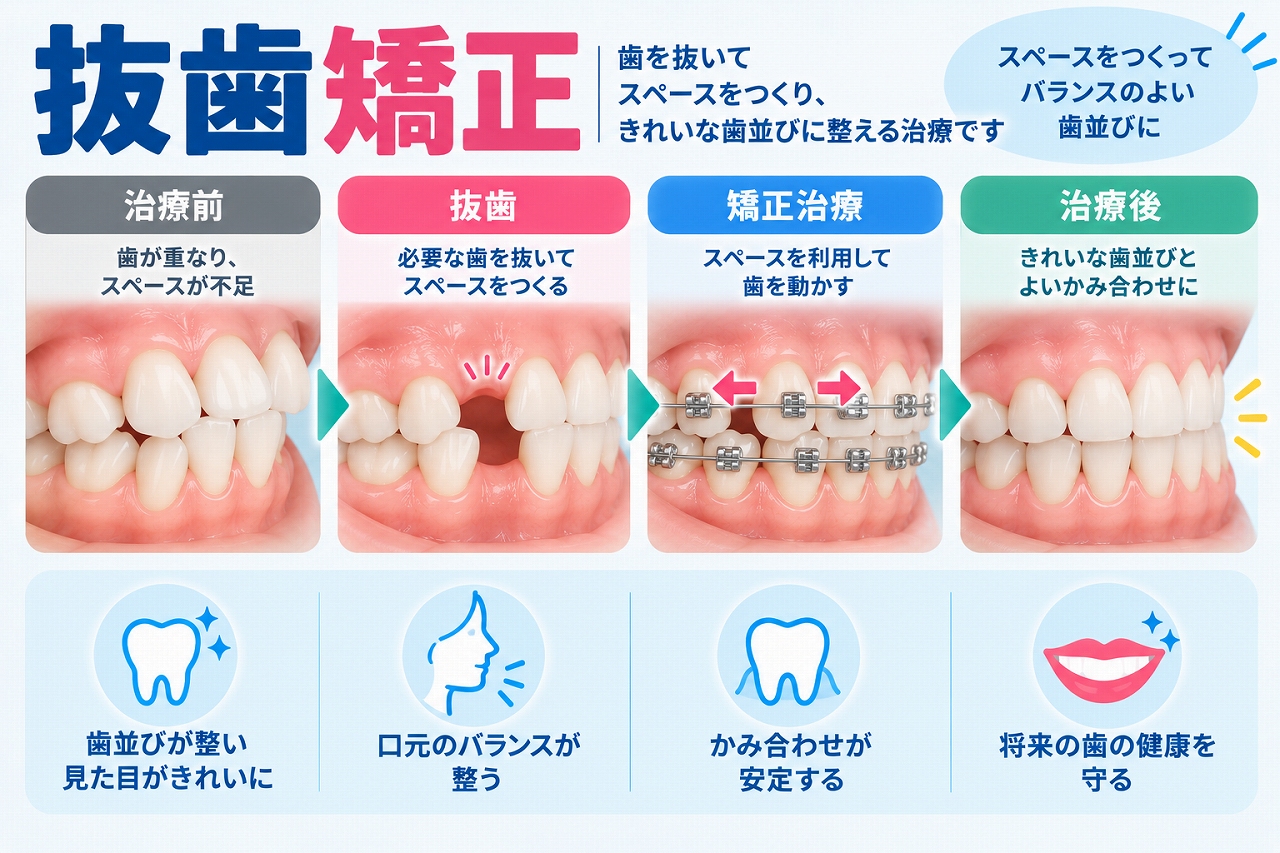 抜歯矯正について、歯を抜いてスペースを確保し、ワイヤー矯正で歯を移動させて歯並びとかみ合わせを整える流れを示した歯科イラスト