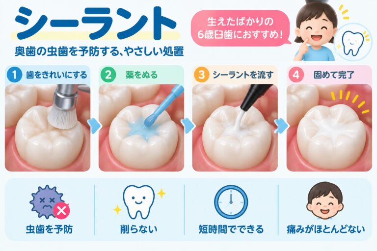 奥歯の深い溝を清掃し、シーラント材で溝を埋めて虫歯を予防する処置の流れを示した歯科イラスト