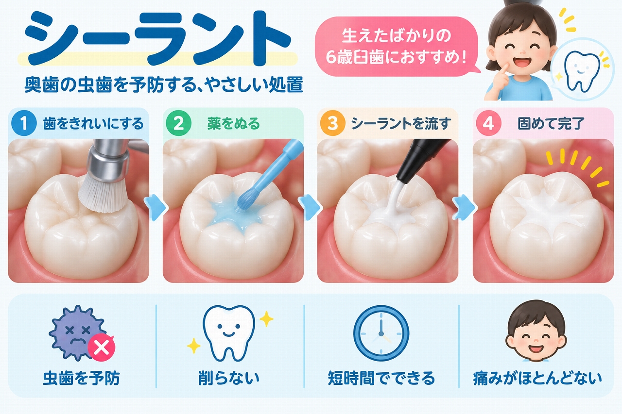 奥歯の深い溝を清掃し、シーラント材で溝を埋めて虫歯を予防する処置の流れを示した歯科イラスト