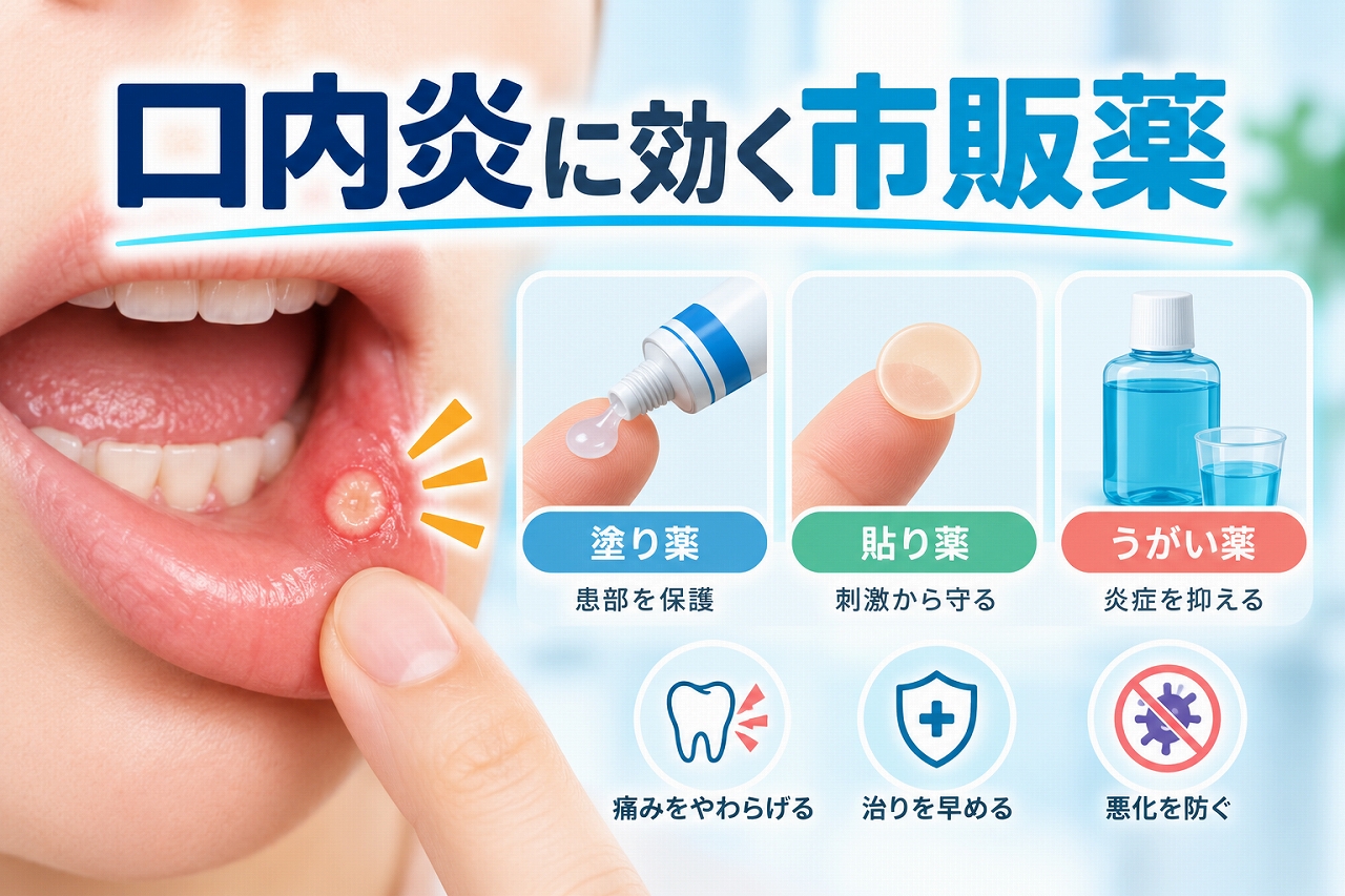 口内炎に使用する市販薬として、塗り薬・貼り薬・うがい薬の3種類とそれぞれの特徴を示したイラスト