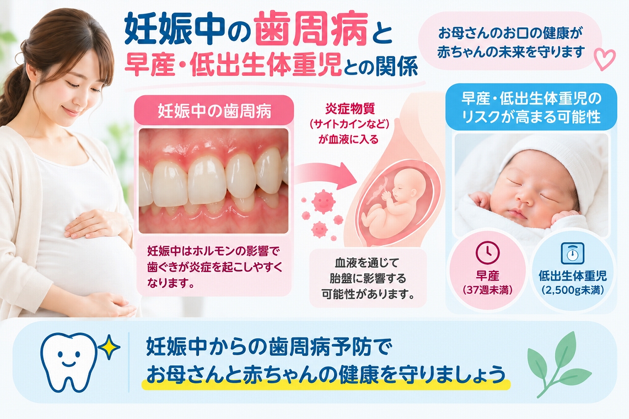 妊娠中の歯周病と早産・低出生体重児との関連を、歯ぐきの炎症から炎症物質が血流を介して影響する可能性とともに示したイラスト