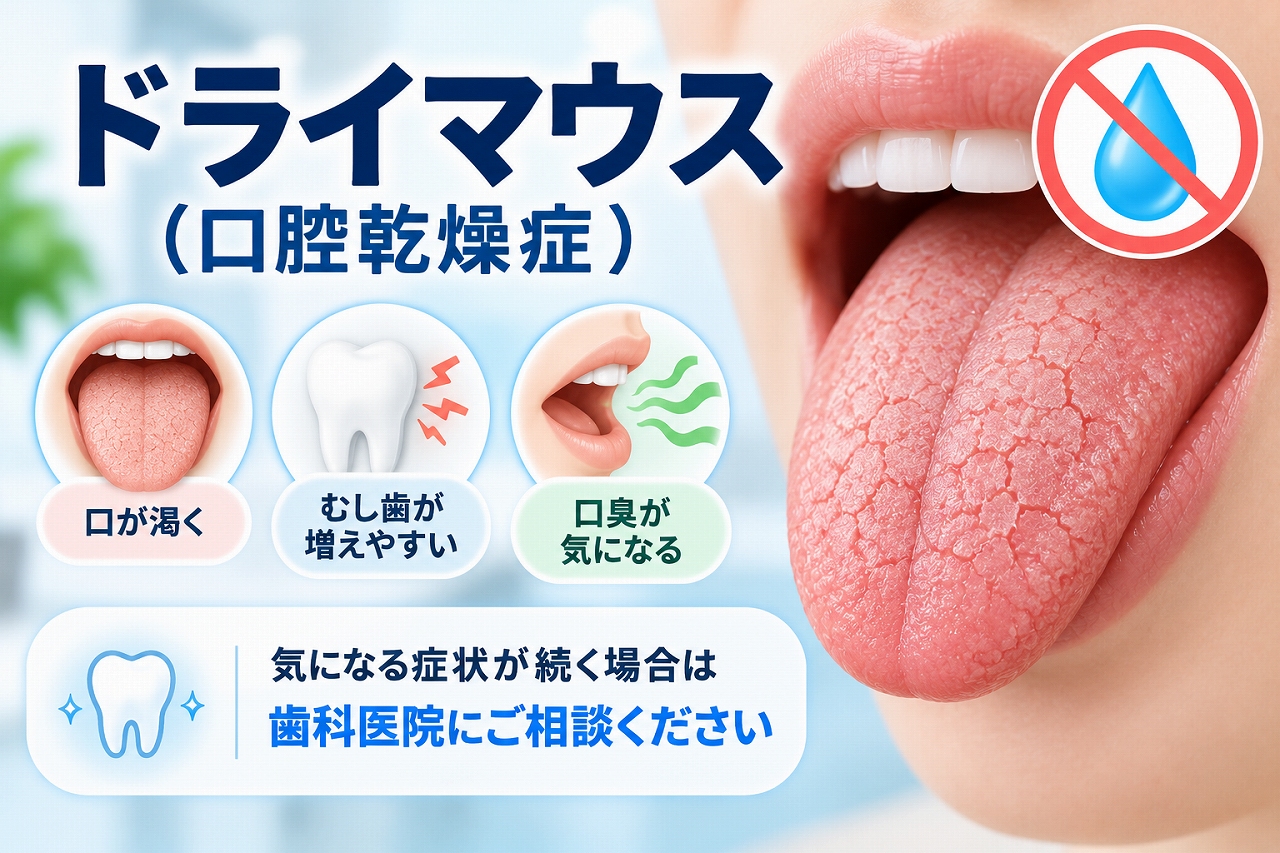 ドライマウス（口腔乾燥症）による口の渇きと、むし歯や口臭のリスクを示したイラスト