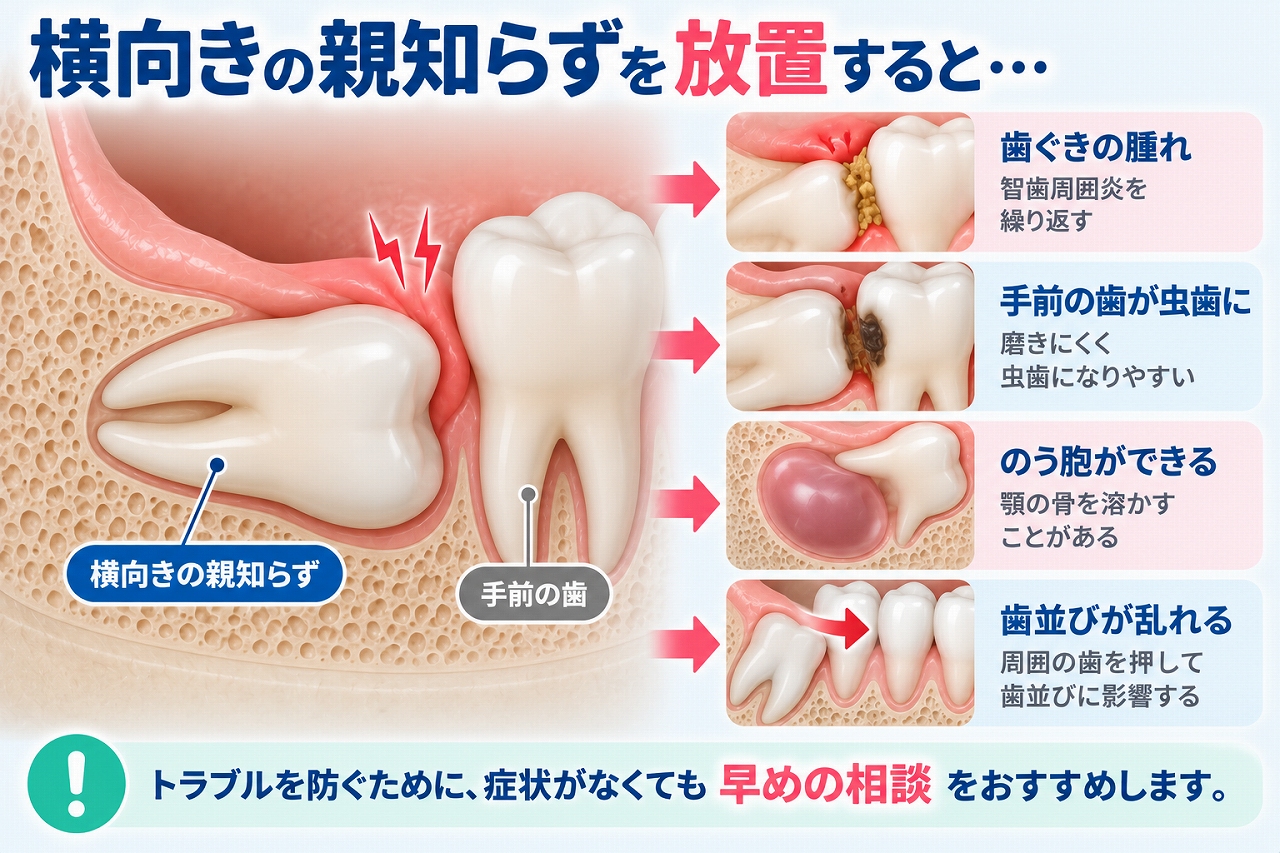 横向きの親知らずを放置した場合について、歯ぐきの腫れや智歯周囲炎、手前の歯の虫歯、のう胞などのトラブルを示した図