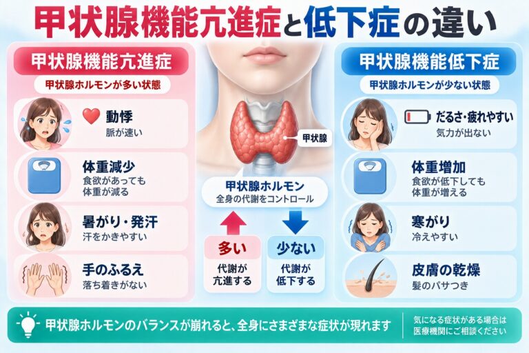 甲状腺機能亢進症と低下症の違い｜症状と甲状腺ホルモンの関係