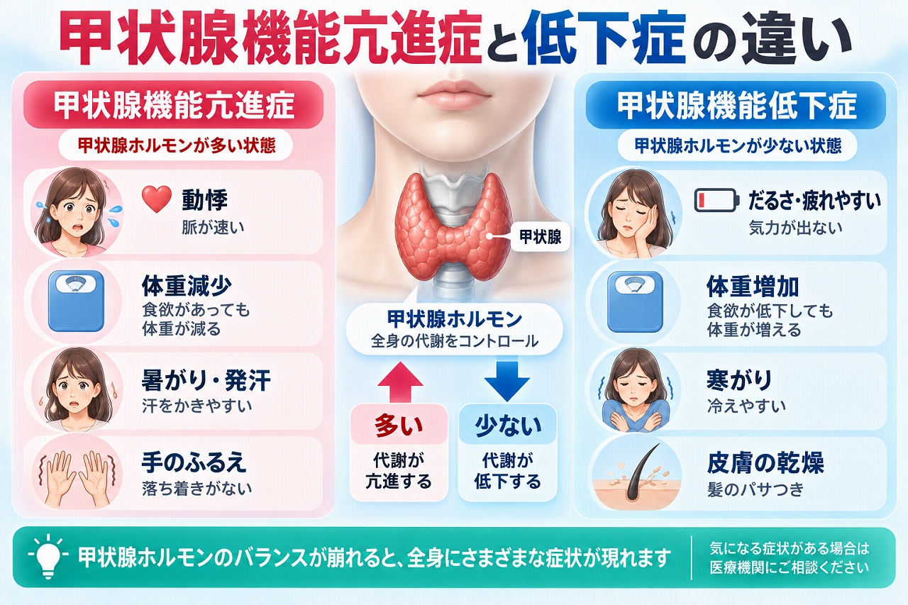 甲状腺機能亢進症と甲状腺機能低下症の違いを比較し、動悸・体重減少・暑がり・手のふるえと、だるさ・体重増加・寒がり・皮膚の乾燥などの症状を示した図