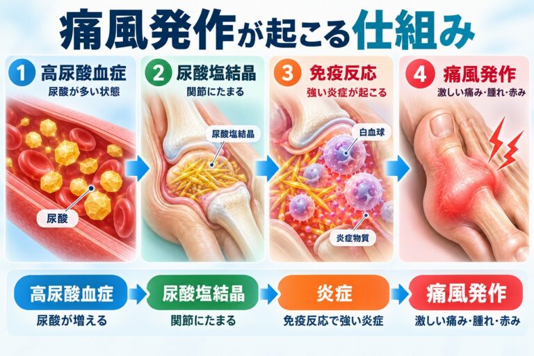 痛風発作が起こる仕組み｜尿酸塩結晶と炎症の関係
