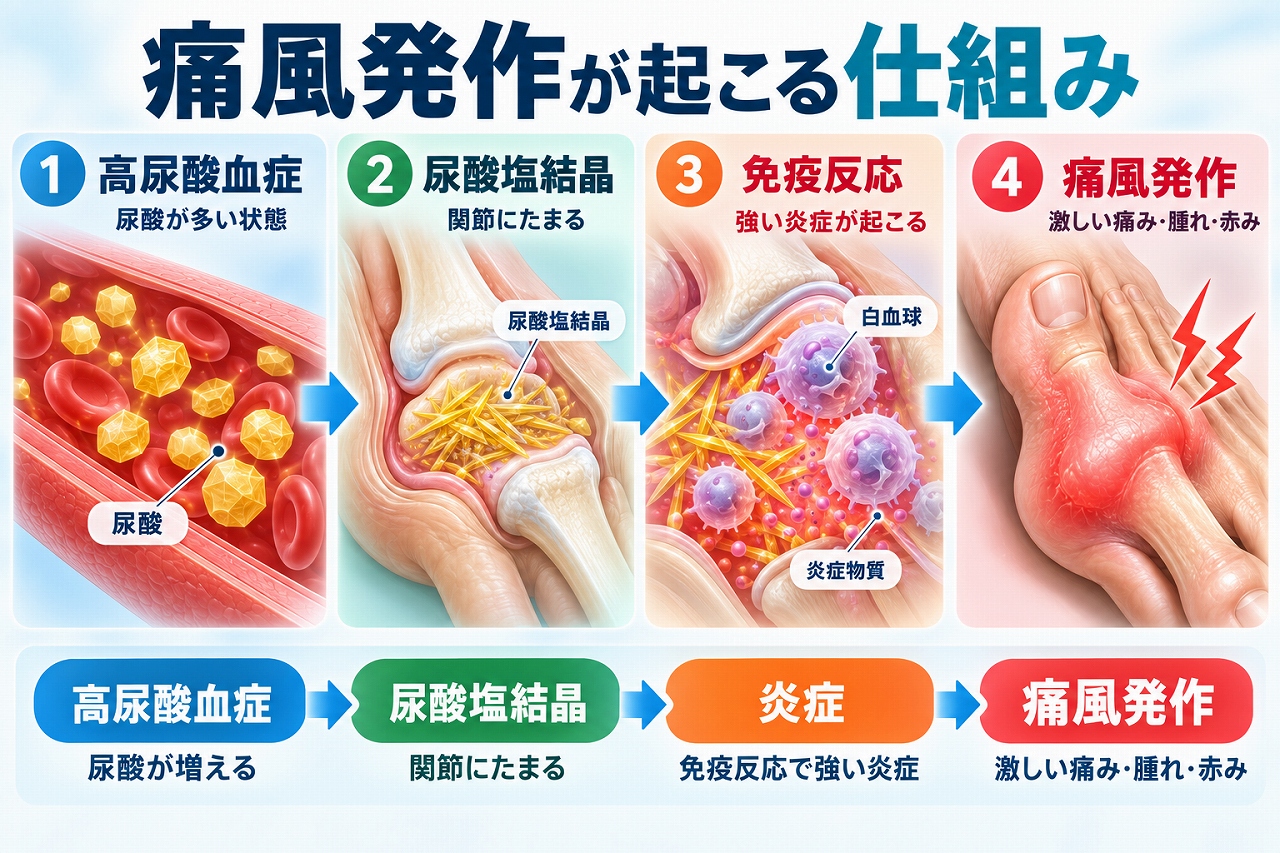 高尿酸血症から尿酸塩結晶が関節に蓄積し、免疫反応による強い炎症が起こって痛風発作の激しい痛み・腫れ・赤みにつながる仕組みを示した図