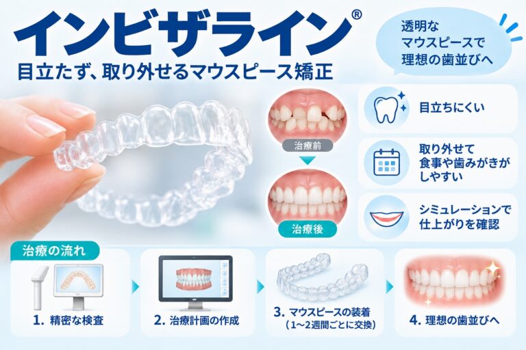 インビザラインによるマウスピース矯正について、透明な装置と治療前後の歯並び、検査からマウスピース装着までの治療の流れを示した歯科イラスト