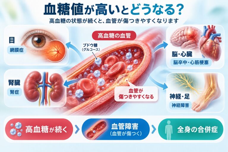 血糖値が高いとどうなる？高血糖が続くことで起こる合併症