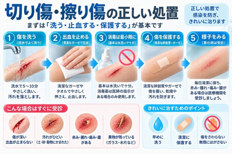 切り傷・擦り傷の正しい処置として、傷を流水で洗う、清潔なガーゼで圧迫止血する、傷口を被覆材で保護する、赤み・腫れ・痛み・膿などの悪化がないか確認する流れを示した図