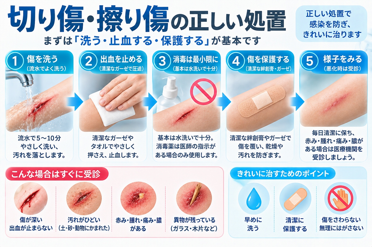 切り傷・擦り傷の正しい処置として、傷を流水で洗う、清潔なガーゼで圧迫止血する、傷口を被覆材で保護する、赤み・腫れ・痛み・膿などの悪化がないか確認する流れを示した図
