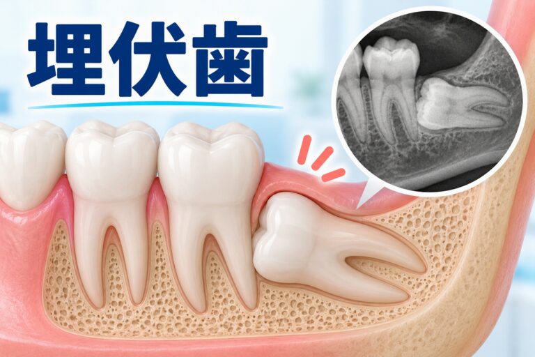 歯ぐきや顎の骨の中に埋まって生えてこない埋伏歯と、レントゲンで確認した状態を示すイラスト