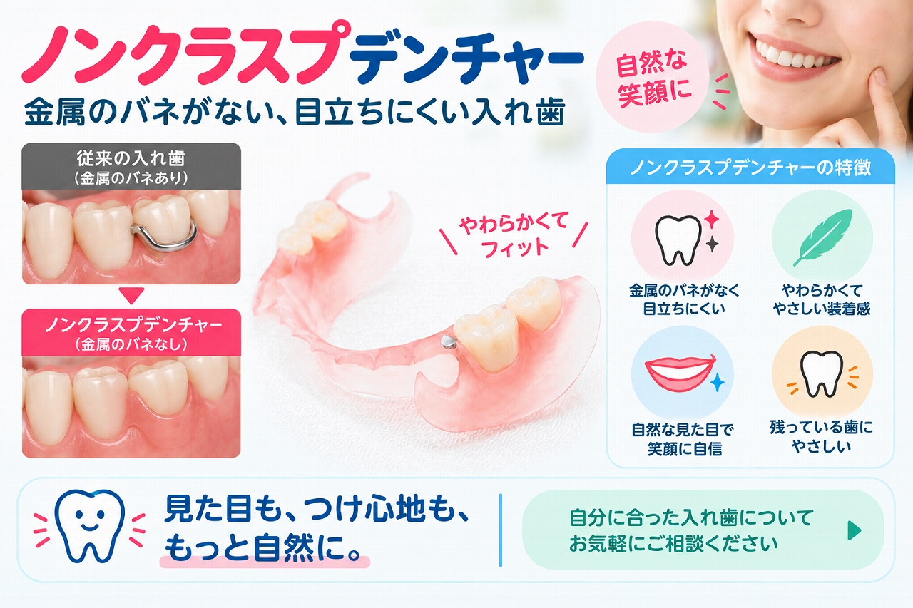 ノンクラスプデンチャーと金属のバネを使用する従来の部分入れ歯を比較し、金属のクラスプが目立ちにくい自然な見た目を示した歯科画像
