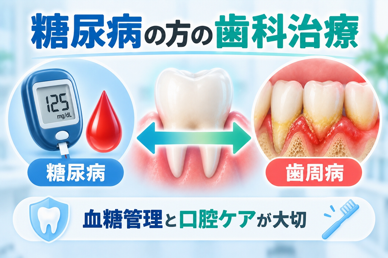 糖尿病と歯周病の相互関係と、血糖管理や口腔ケアの重要性を示したイラスト