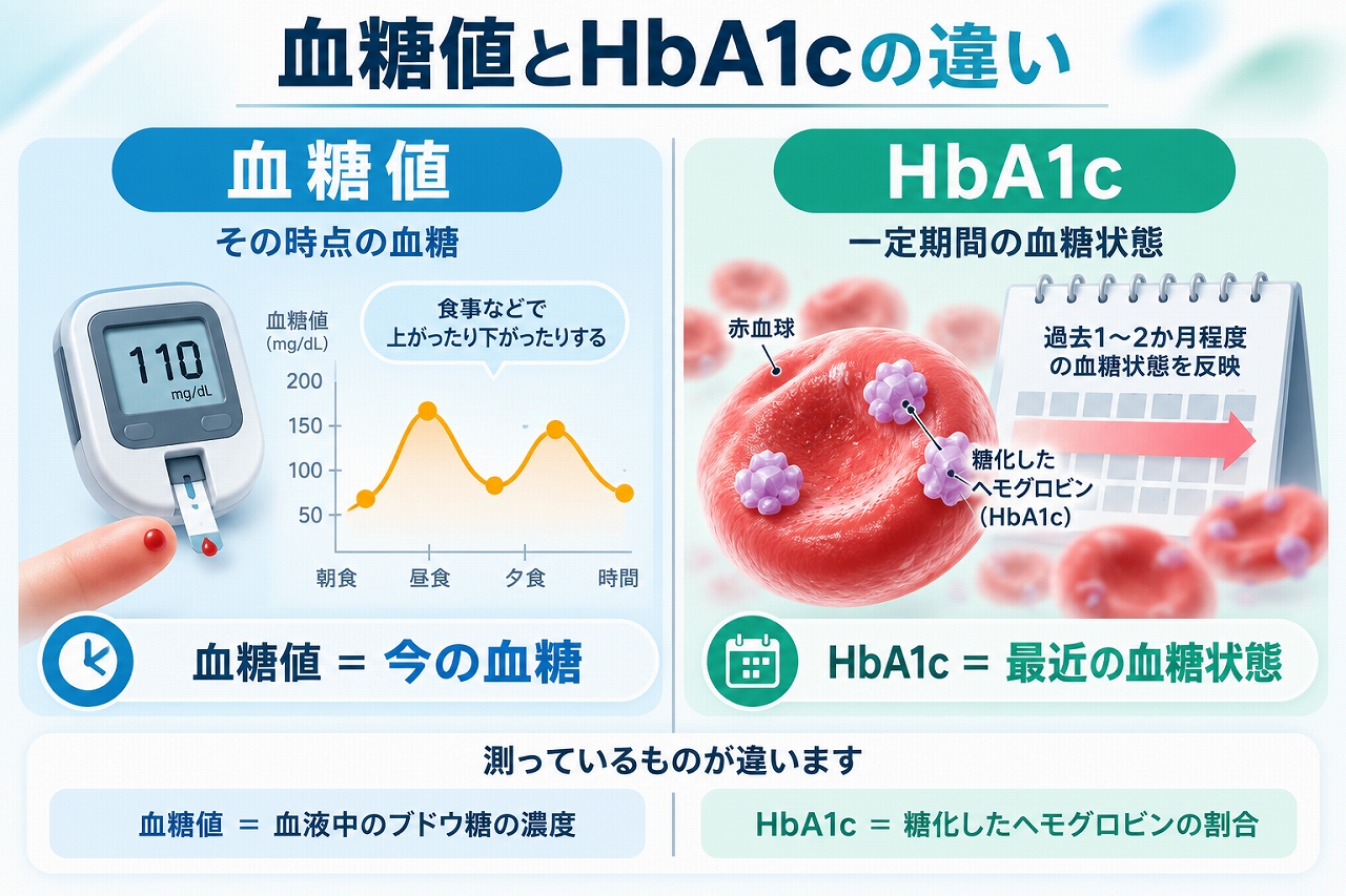 血糖値とHbA1cの違いを比較し、血糖値はその時点の血糖、HbA1cは過去1〜2か月程度の血糖状態を反映することを示した図