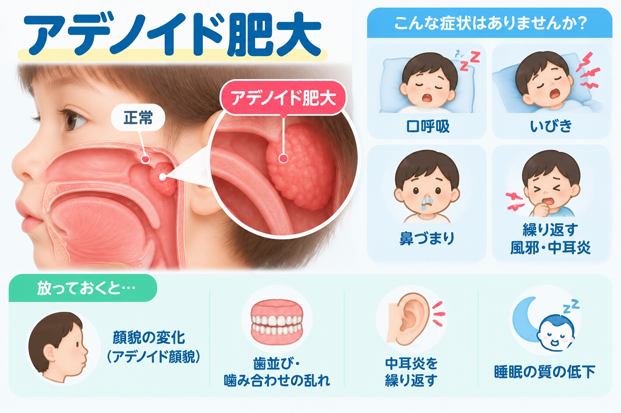 子どものアデノイド肥大で鼻の奥のアデノイドが大きくなった状態と、口呼吸・いびき・鼻づまり・中耳炎などへの影響を示した医療イラスト