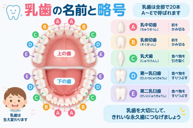 乳歯の名前とA〜Eの略号｜20本の乳歯の位置と呼び方