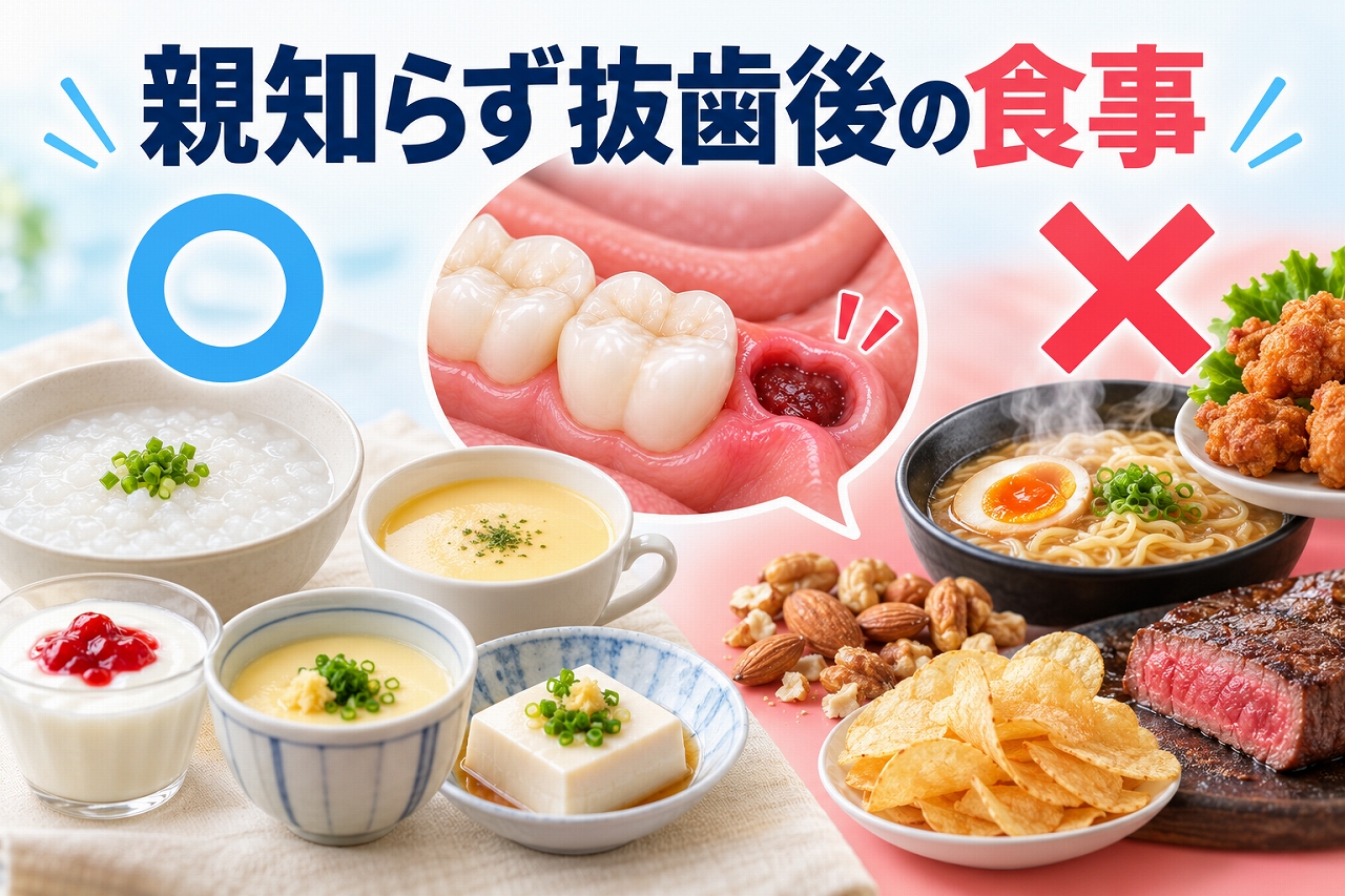 親知らず抜歯後におすすめのやわらかい食事と避けたい硬い・刺激の強い食べ物を比較したイラスト