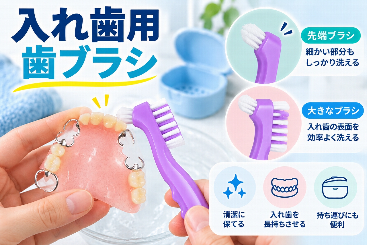 入れ歯用歯ブラシを使って部分入れ歯を清掃する様子と、大きなブラシと先端ブラシの使い分けを示した歯科イラスト