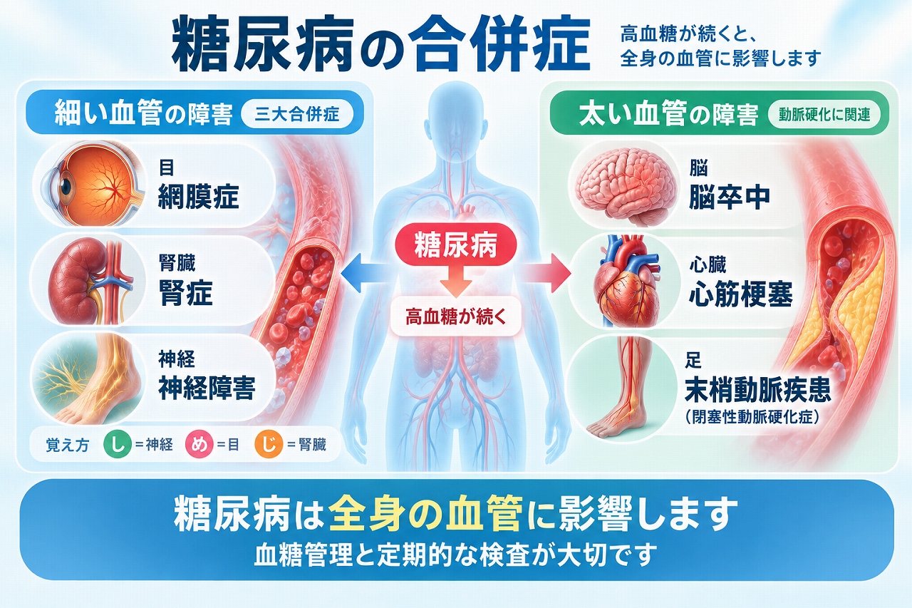 糖尿病の合併症を細い血管と太い血管の障害に分け、網膜症・腎症・神経障害・脳卒中・心筋梗塞・末梢動脈疾患を示した図