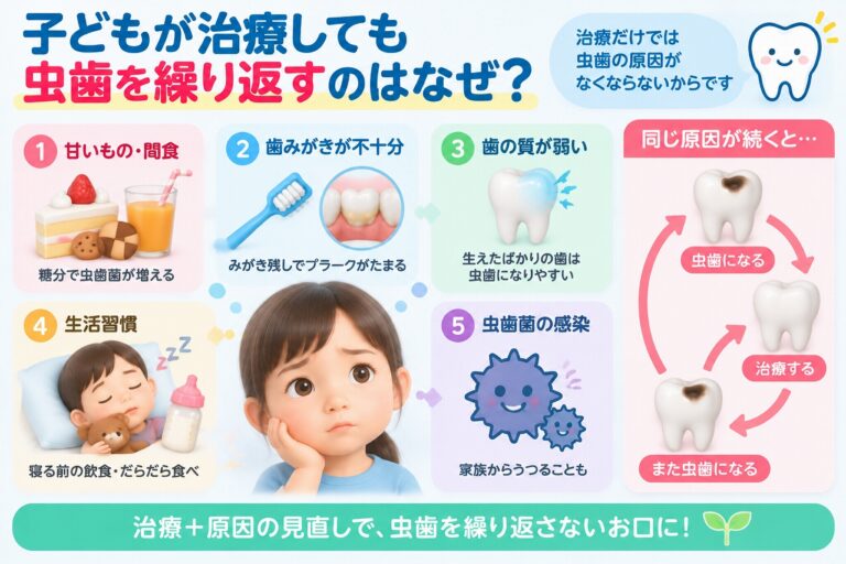 子どもが虫歯治療後も虫歯を繰り返す原因として、甘いものや間食、磨き残し、生活習慣などを示した歯科イラスト