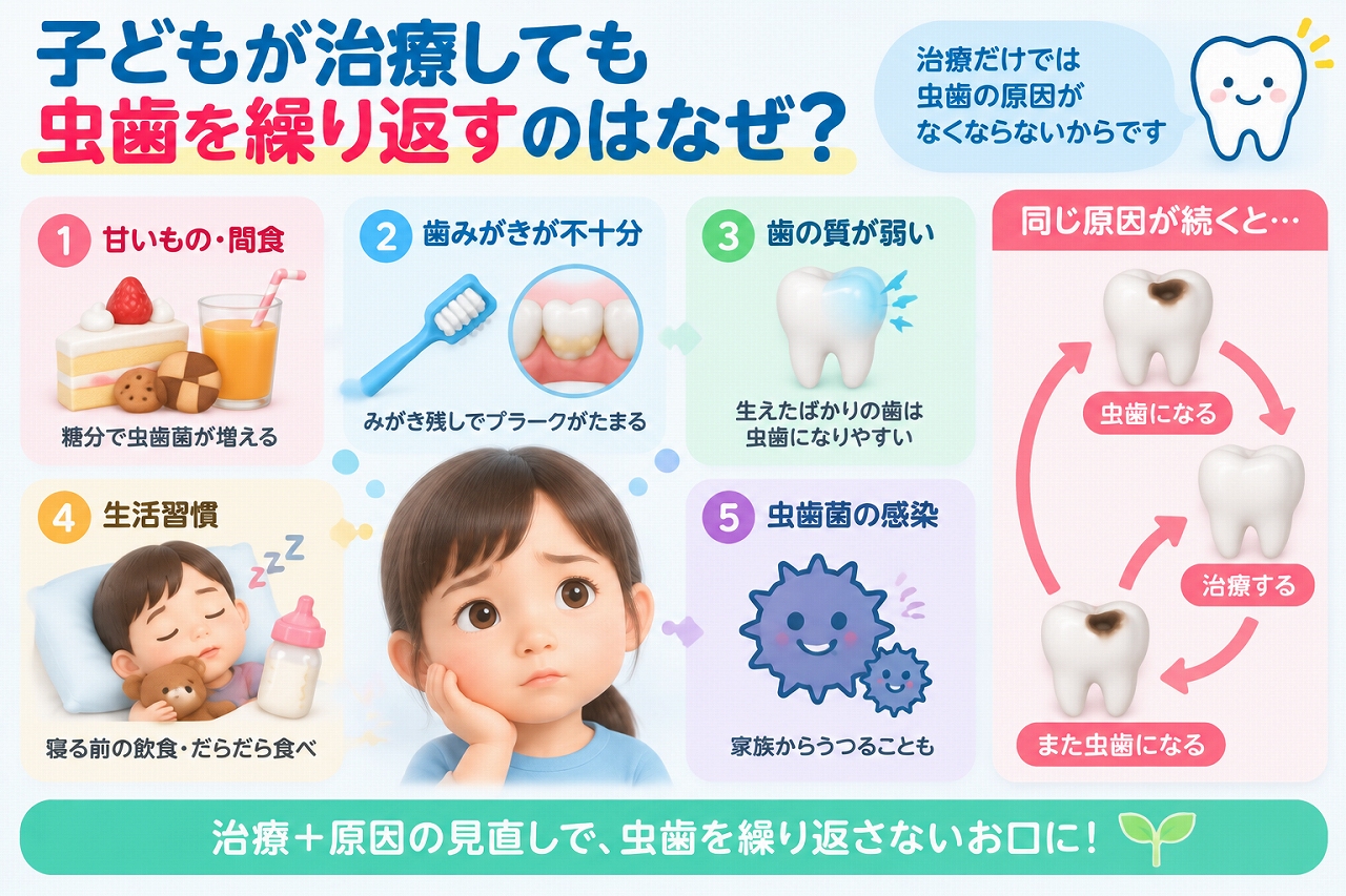 子どもが虫歯治療後も虫歯を繰り返す原因として、甘いものや間食、磨き残し、生活習慣などを示した歯科イラスト