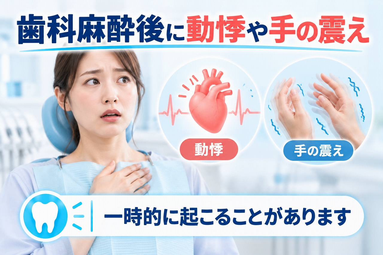 歯科麻酔後に起こる動悸と手の震えを、心臓と震える手のイラストで示した画像