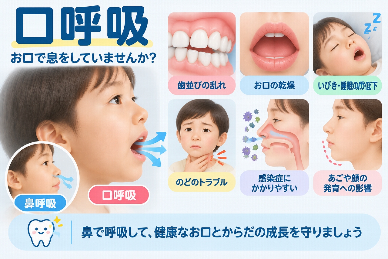 子どもの口呼吸と鼻呼吸を比較し、歯並びの乱れ・口の乾燥・いびき・睡眠・のどなどへの影響を示した歯科イラスト